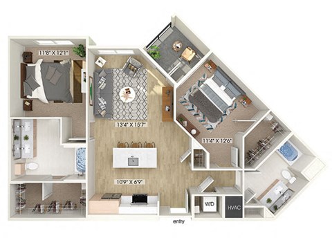 Floor plan for 2 beds, 2 baths, 1111 sqft